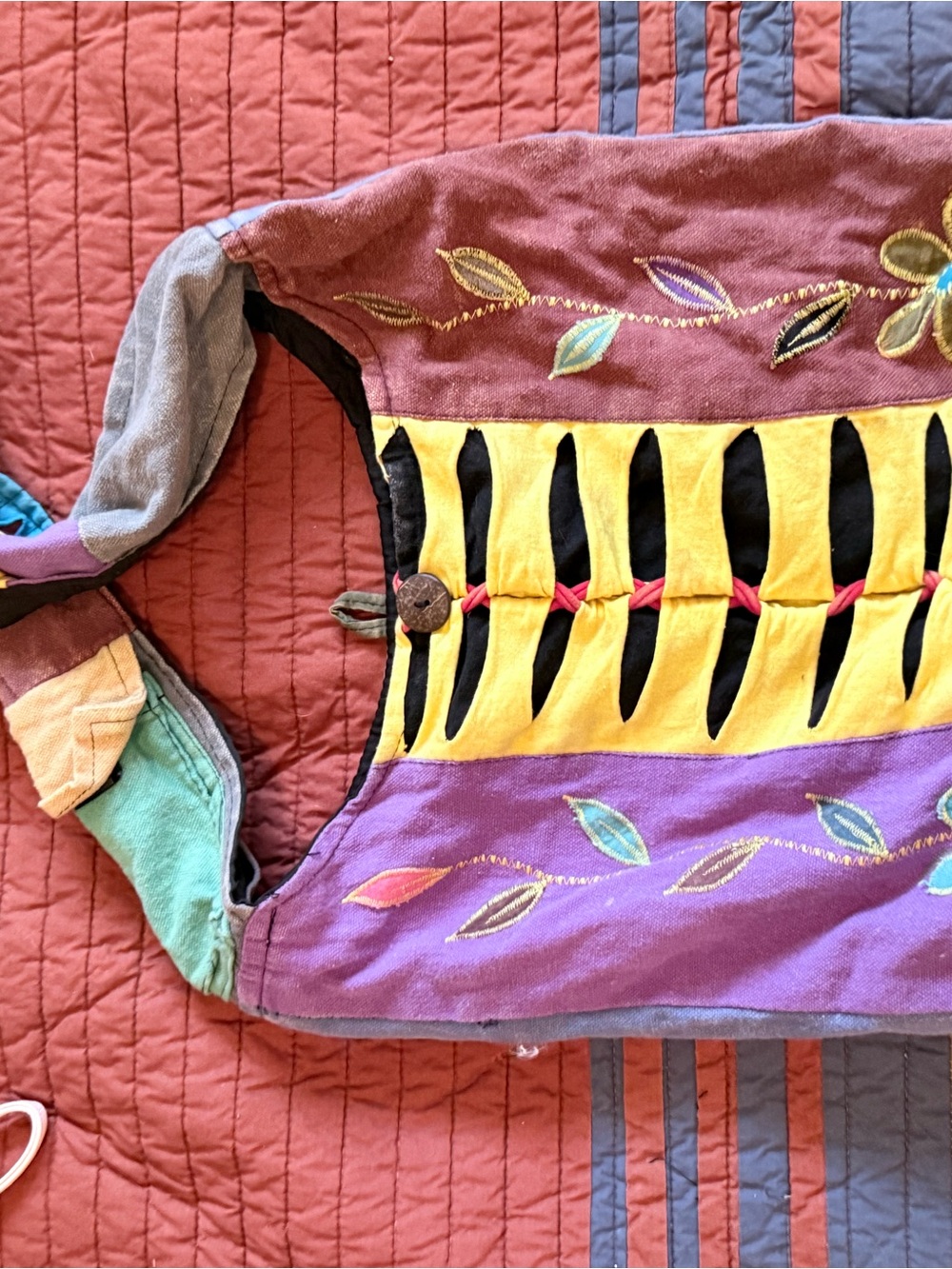 Embroidered Colorblock Festival Vest in Purple, Yellow, Teal